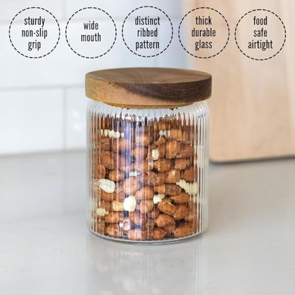 Mason & Fable Ribbed Glass Jar with Wooden Lid 500ml set of 3 | Airtight Glass Storage Canister for Food, Pasta, Coffee, Dog Treats, Snacks | Container for Home & Kitchen