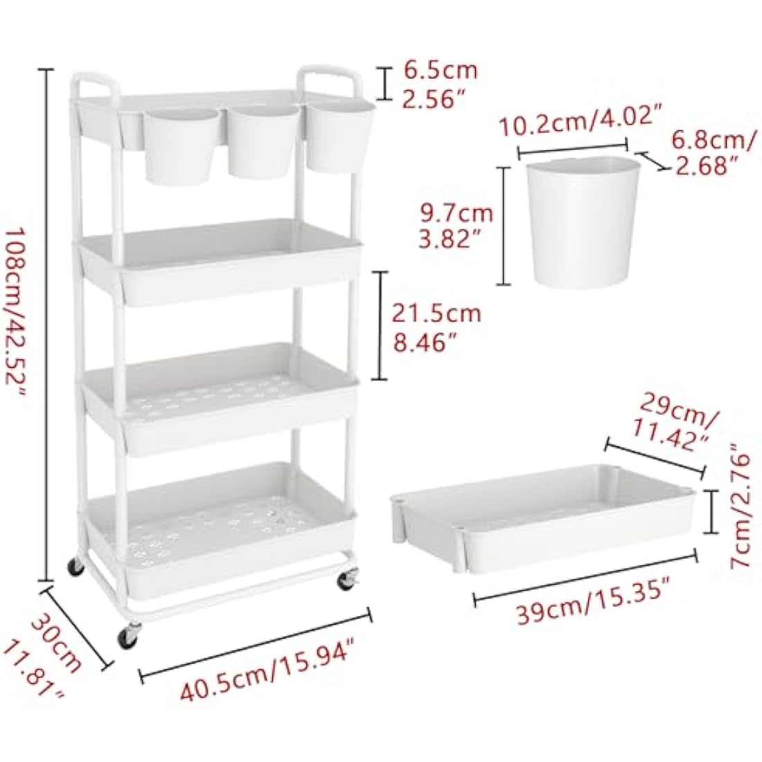 JIUYOTREE 4-Tier Plastic Rolling Storage Cart Utility Cart with Extra Hanging Cups Handles Lockable Wheels for Living Room Bathroom Kitchen Office White