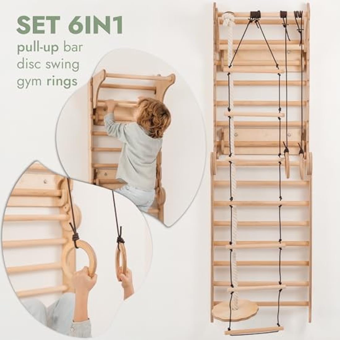 6-in-1 Wooden Swedish Wall & Slide Set – Versatile Indoor Climbing Frame for Kids, Includes Ladder, Slide Board, and Monkey Bars – For Ages 2-12