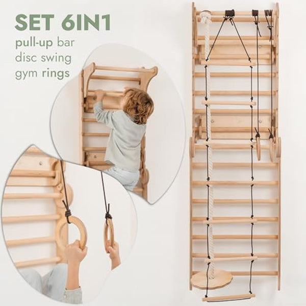 6-in-1 Wooden Swedish Wall & Slide Set – Versatile Indoor Climbing Frame for Kids, Includes Ladder, Slide Board, and Monkey Bars – For Ages 2-12