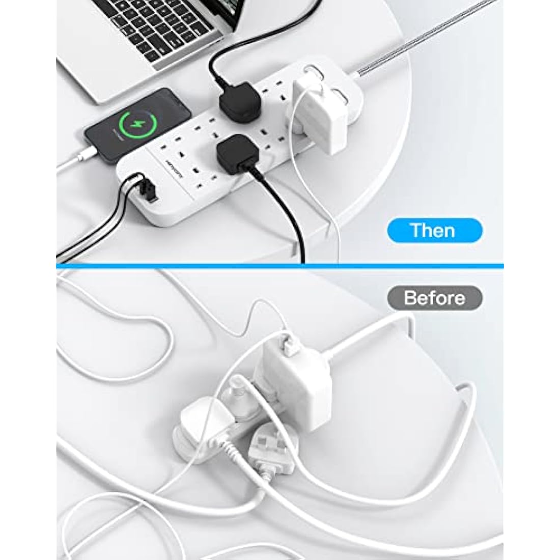 3M Extension Lead with 4 USB Slots, 8 Way Outlets Power Strip with 1800J Surge Protection, Double Switch Plug Extension with 10FT Braided Extension Cable for Home, Dorm Room, Office Accessories