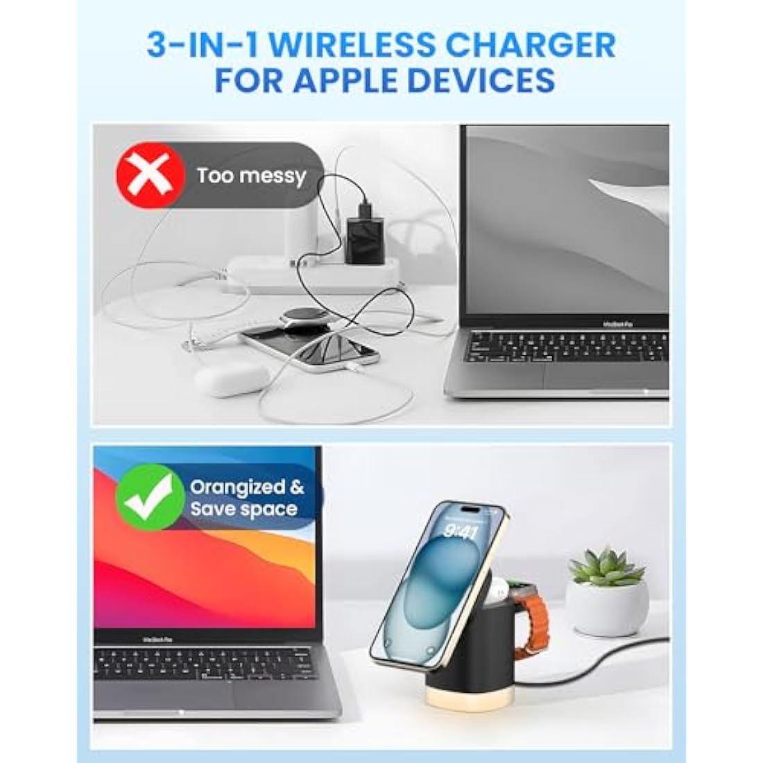 JoyGeek 3-in-1 Charger Stand for Magsafe, Foldable Wireless Charging Station with Night Lights, Magnetic Charger Dock for iPhone 16/15/14/13/12 Pro/Max, AirPods 4-2, Apple Watch 2-10/Ultra (Black)