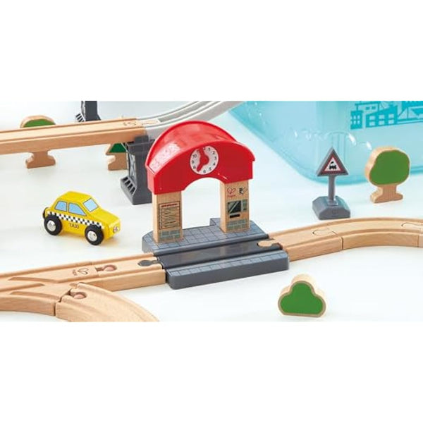 Hape City Railway and Train Bucket Set Toy with storage box that forms part of the scene, Ages 3 and up