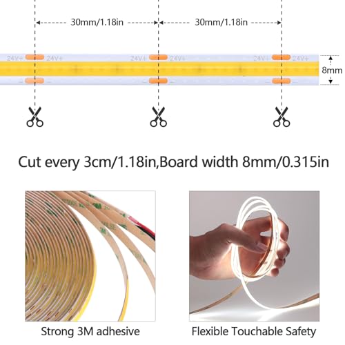 GOMING 49.2ft/15M DC 24V COB LED Strip Light Cool White 6000K 5760LEDs CRI 93+ 11000lm Uniform Glow Not Waterproof IP20 Flexible LED Tape Lights for