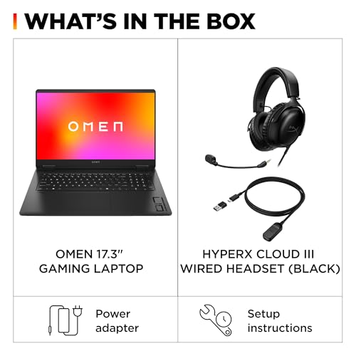 HP Omen 17" Gaming Laptop and HyperX Cloud III Wired Headset bundle, AMD Ryzen 7-8845HS, AI Enhanced, 16 GB RAM, 1TB SSD, NVIDIA GeForce RTX 4050 Graphics, FHD Display, 144Hz, Black, 17-db0016sa