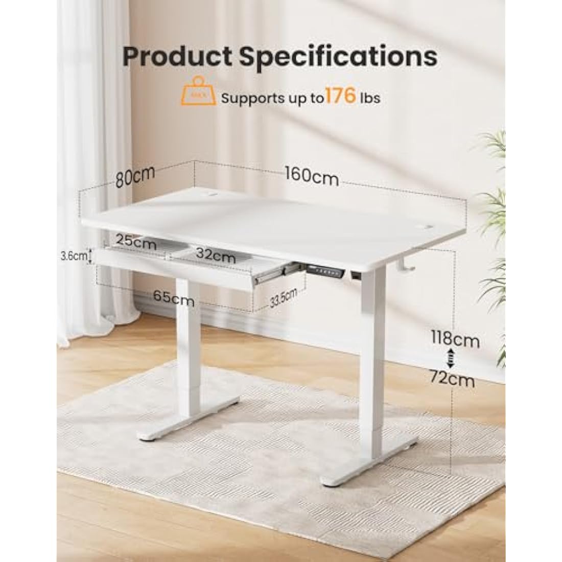 ErGear Electric Standing Desk 160 x 80 cm, Height Adjustable Desk, Sit Stand Table with Easy-Glide Drawer & 4 Memory Smart Pannal, T-Leg Design for Stability, Splice Board, White Frame & Surface