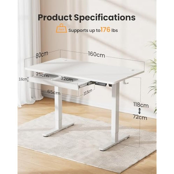 ErGear Electric Standing Desk 160 x 80 cm, Height Adjustable Desk, Sit Stand Table with Easy-Glide Drawer & 4 Memory Smart Pannal, T-Leg Design for Stability, Splice Board, White Frame & Surface