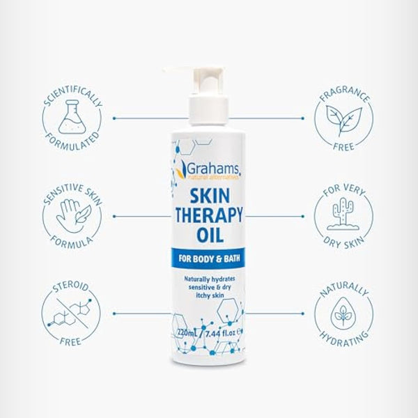 Grahams Natural Skin Therapy Body Oil - For Dry Skin, Eczema & Itch Relief - Hydrates & Nourishes Sensitive Skin - Natural 100% Oil Blend with Vitamin E | Hypoallergenic & Steroid-Free (220ml)