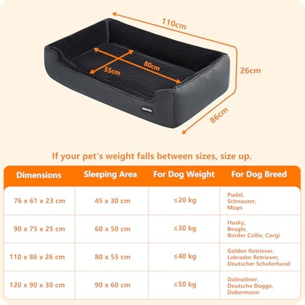 HMTOPE Dog Bed with Removable Cover, Washable Dog Sofa, Soft Dog Crate Mattress, Cat Pet Cushion for Small/Medium/Large Dogs, Dark Grey, 110 x 86 x 26 cm