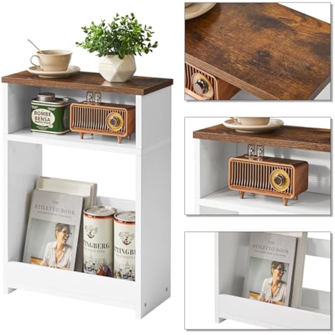 IBUYKE Narrow Side Table with Storage Shelf, 3 Tier Slim End Table for Small Spaces, Wood Small Nightstand with Magazine Rack for Living Room, Bedroom, Sofa, Space Saving, White WST006W