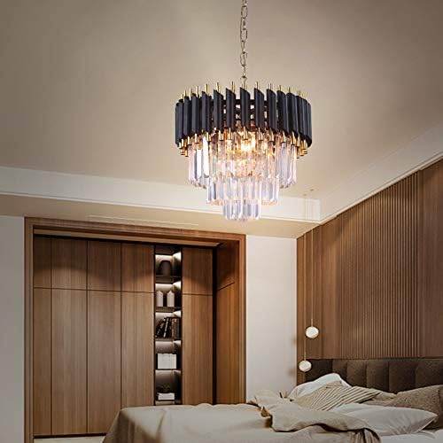 FRIXCHUR Modern Crystal Chandeliers 3-Tier Crystal Chandelier Light 15.7'' Black and Gold Pendant Light Fixtures for Living Room Kitchen Island Foyer E14x5 Bulb（Not Includ Bulb）…