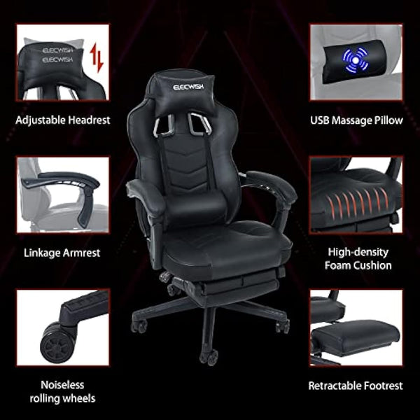 Fullwatt Racing Gaming Chair for adults with Footrest and Massage Lumbar Pillow, Swivel Height Adjustable Reclining PU Leather Video Game Chair, E-Sports Gaming Chair Big and Tall(Black)