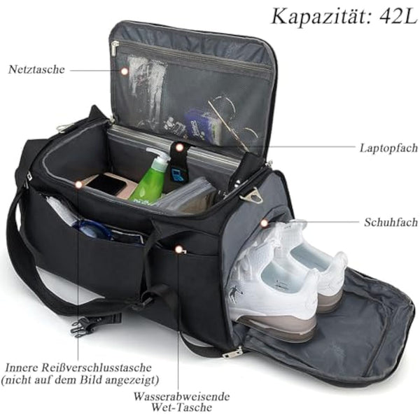 Sports Duffle Bag with Shoes Compartment and Wet Pocket, 42L Waterproof Gym Bag for Men and Women, Durable Travel Duffel Bag with Shoulder Strap and Combination Lock
