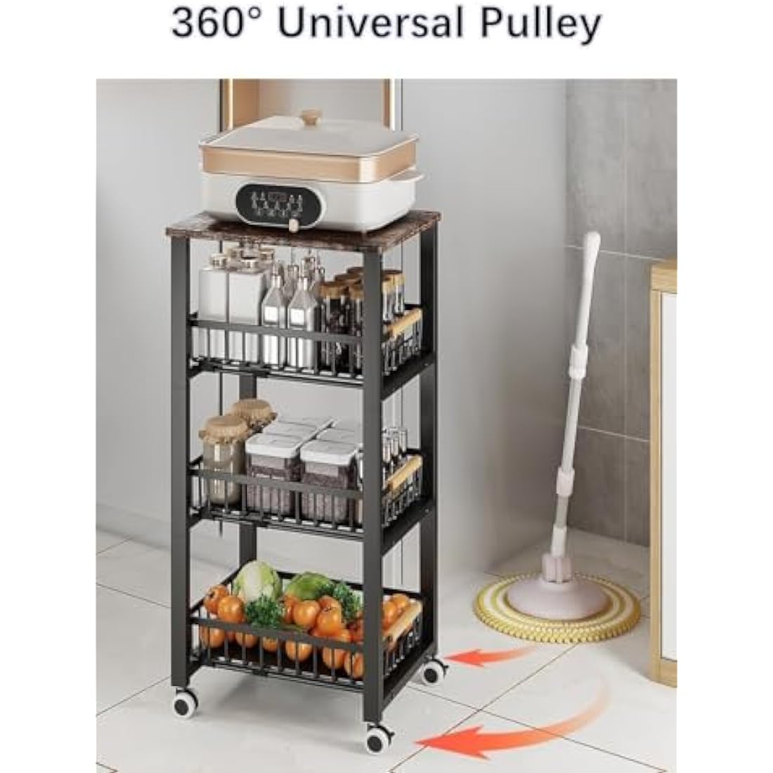 KOLENSA Metal Wire Baskets with Wheels, Stackable Storage Bins Kitchen Organizer Shelf, Multi Layer Fruit Vegetable Cart Dishes Seasonal Rack Freestanding with Pull Out Slide Drawer