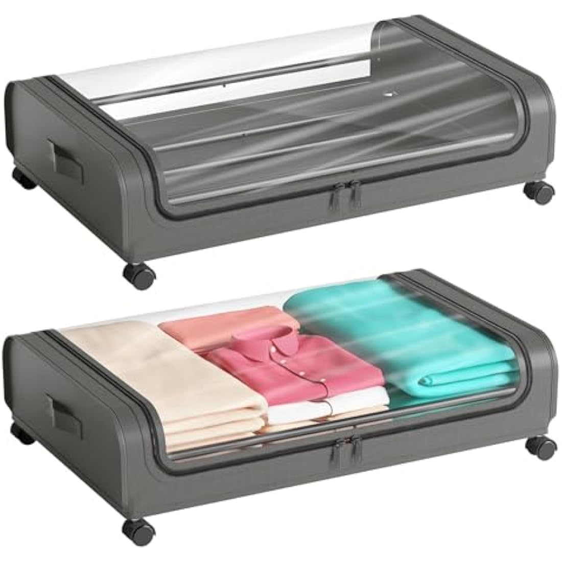 2 Pack Under Bed Storage with Wheels Lid 48L Rolling Metal Frame Underbed Containers Clear Window Storage Bag Box Organization Home Bedroom Organizer Drawer Bin for Clothes Shoes Toys Blankets Grey
