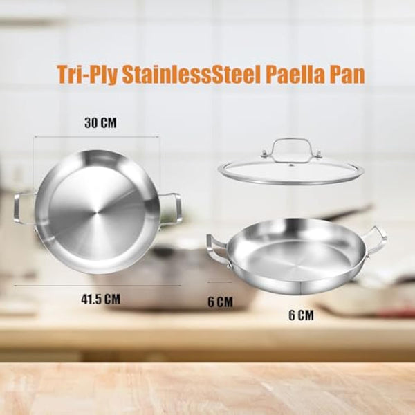 Inqibee 30 CM Tri-Ply Stainless Steel Paella Pan with Lid,Induction Cooking Frying Pan,Even Heating and Oven Safe
