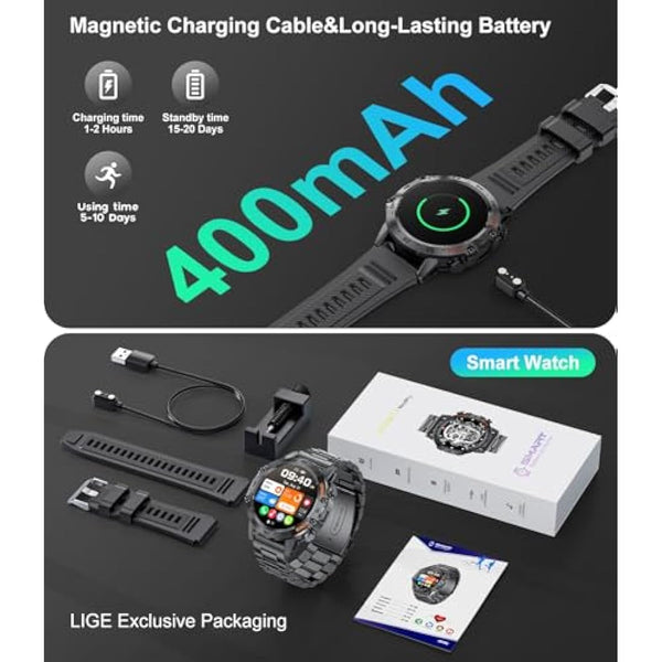 FEELNEVER Smart Watch for Men with Wireless Call Function, Military Smartwatch with Heart Rate SpO2 Blood Pressure Sleep Monitor, IP67 Waterproof Tactical Fitness Watch for Android iPhone Phone, Black