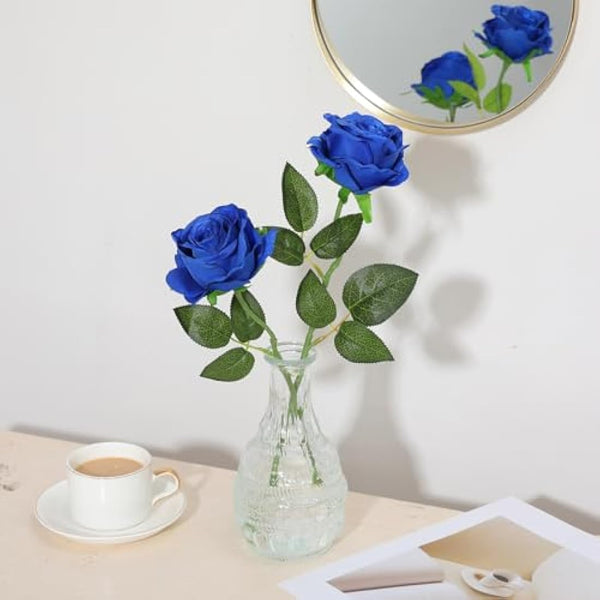 Hawesome 12PCS Artificial Roses Fake Flowers Single Long Stem Blooms With Rose Buds Wedding Decoration Bridal Bouquet Decorative Flower Arrangement Home Decoration Party Centerpieces in Blue