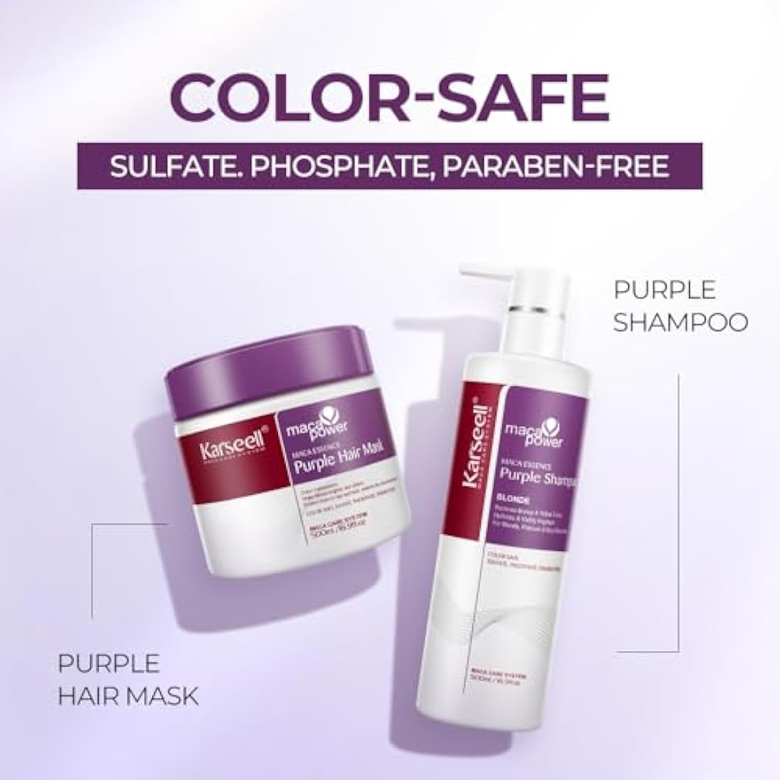 Karseell Purple Hair Mask and Purple Shampoo Set, Neutralizes Brass & Yellow Tones for Blonde, Gray, Silver Hair, 2 x 500ml