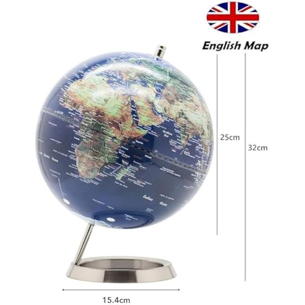 EXERZ 25cm World Globe - Stainless Steel Ring Standing - Globe of Earth - Metallic Colour Navy Blue
