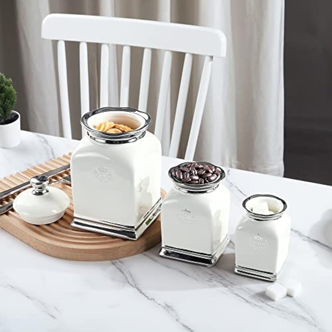 fanquare 3 Pieces Porcelain Storage Jar with Lid, Off White Coffee Tea Sugar Canister, Decorative Storage Jar for Biscuits, Spices