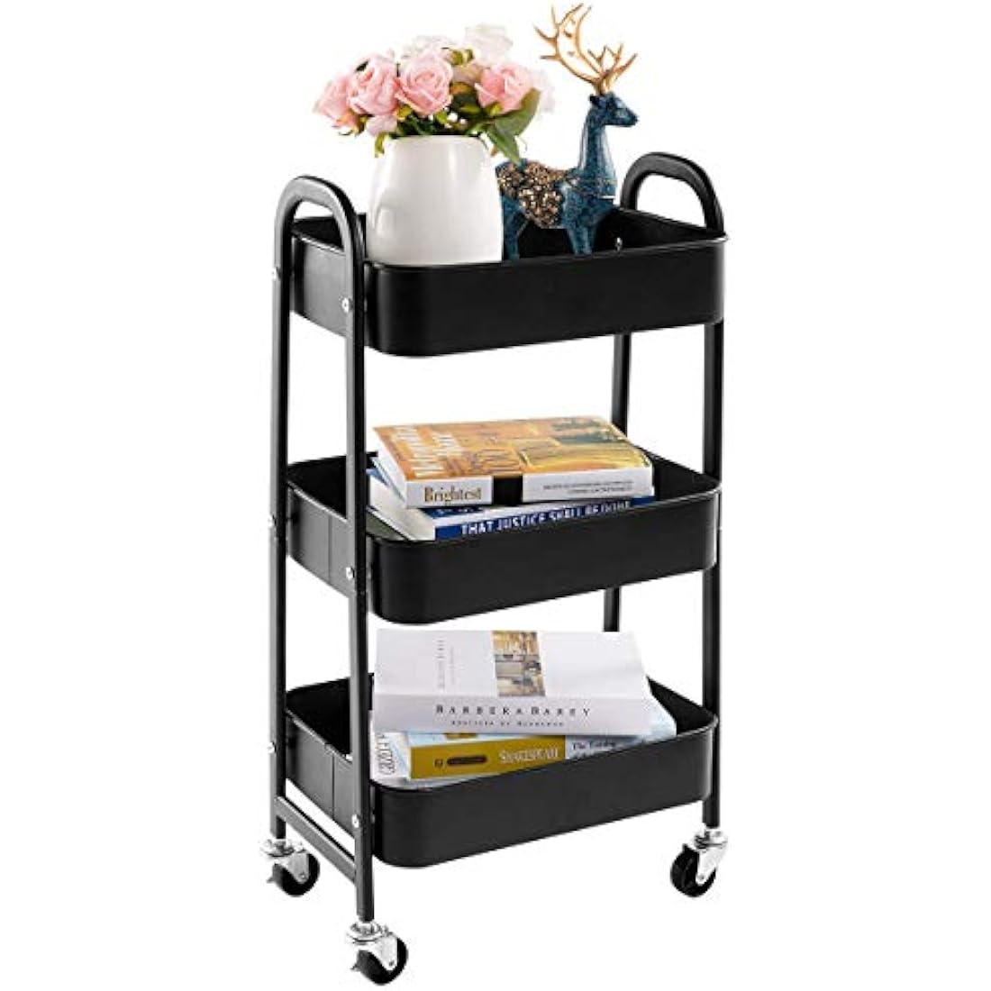 DOEWORKS Storage Trolley on Wheels Metal 3 Tier Trolley Cart Kitchen Trolley Craft Trolleys Beauty Trolleys Rolling Storage Utility Cart for Books Room Bathroom Office, Black