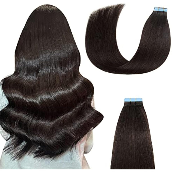 AGMITY Tape in Hair Extensions Human Hair Natural Black 16 inches 20pcs 40Gram Invisible Straight Seamless Skin Weft Remy Tape in Hair Extensions(16 inches #1B Off Black)