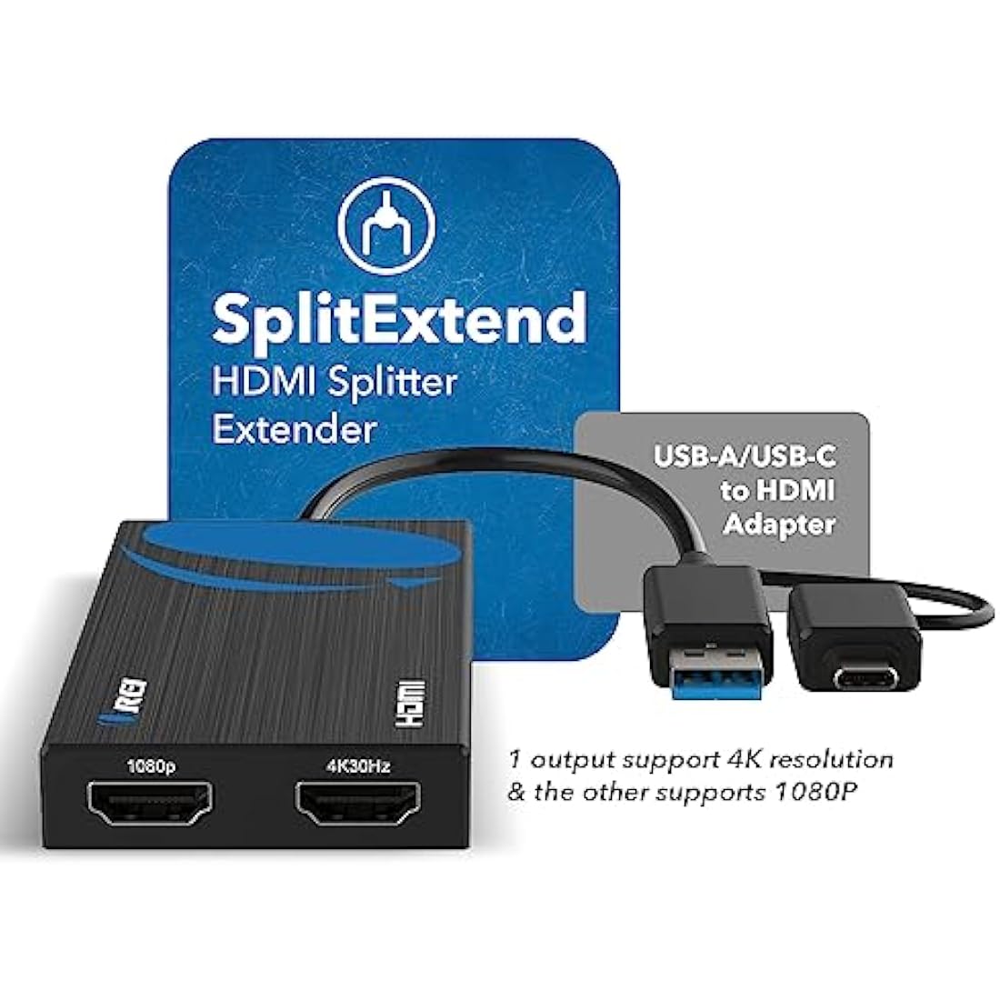 OREI SplitExtend HDMI Splitter Extended Display for Dual Monitor - Multi-Monitor Display 3 Separate Screens - USB A & USB-C Adapter to HDMI 2.0, 4K@30Hz Output 1, 1080p Output 2 for Windows, Mac OS G