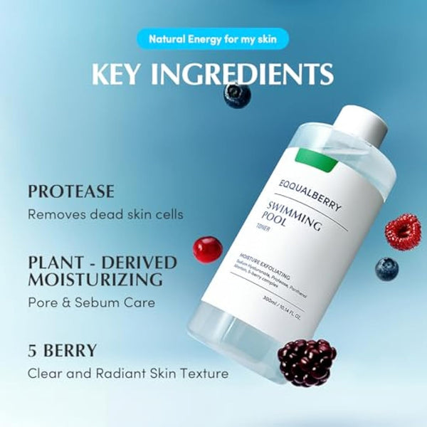 EQQUALBERRY Swimming Pool Face Toner 300ml Moisturising and Soothing Facial Toner for Face, Pore Control and Gentle Exfoliation, Suitable for Dry to Oily Skin