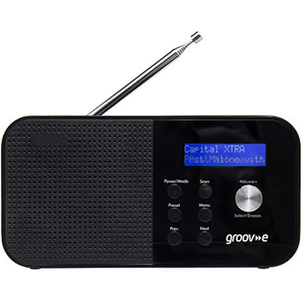Groov-e Venice DAB & FM Digital Radio - Built-In Alarm Clock & Bluetooth Connectivity - LCD Display - Mains or Battery Operated - Portable Radio - 20 Preset Stations - Black