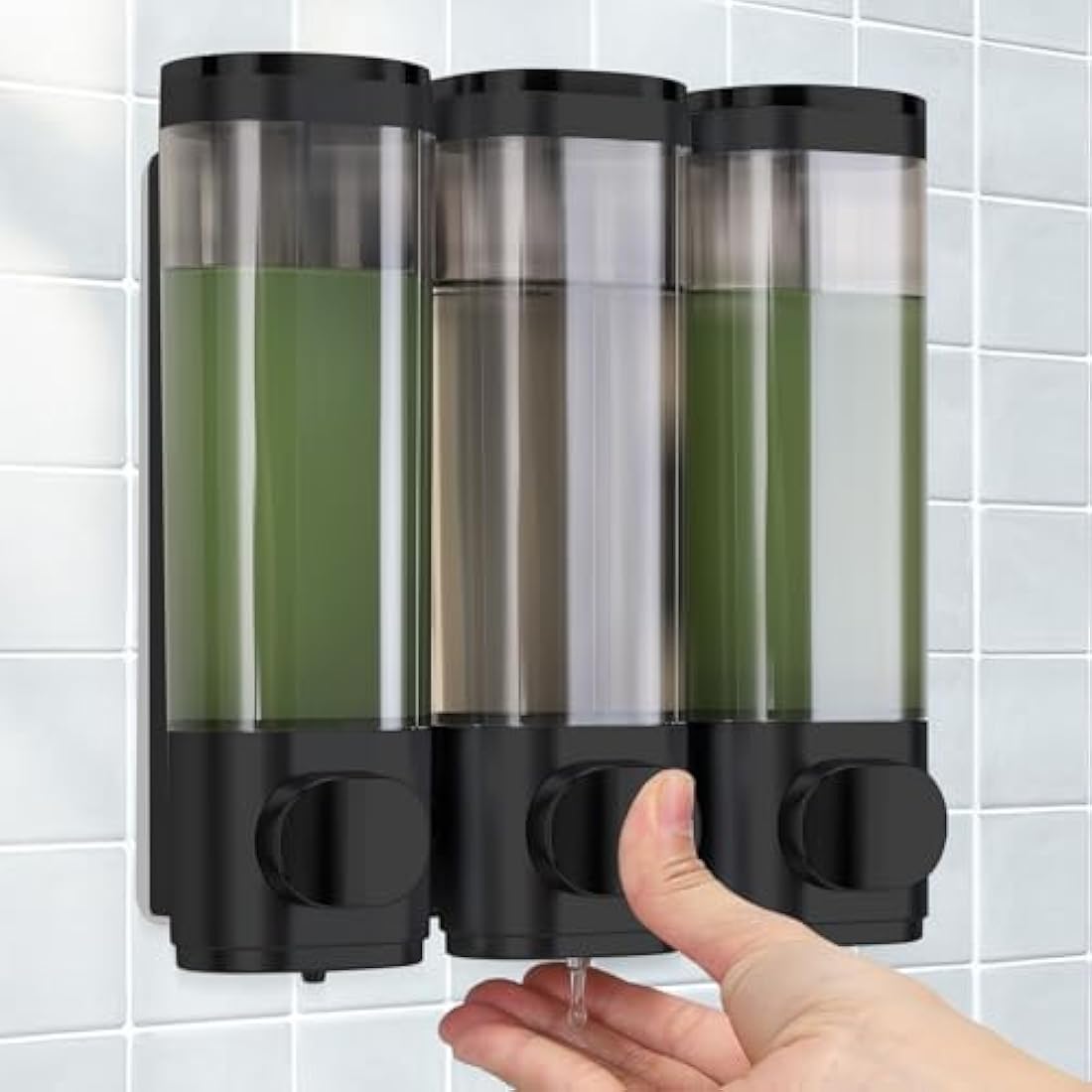 LKEVREG Soap Dispenser Wall Mounting, Shampoo Shower Gel Dispenser, Set of 3, No Drilling, 300 ml Each, Leak-Proof, Black