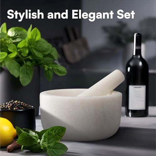 H&S Alliance Mortar and Pestle Set - Premium Stone Pestle and Mortar Grinder - Spice Herb Small Grinder for Kitchen - Pesto Guacamole Maker - 18cm (7.1") Diameter - White Marble