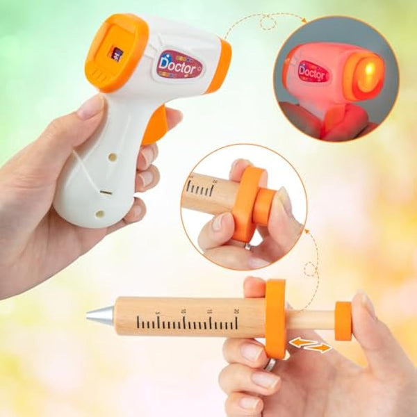 EFO SHM Doctors Set for Kids, Wooden 34-piece Kids Doctors Kit, with Real Stethoscope Portable Doctors Bag and Wooden Syringe, Role Play Toys for 3 4 5 6 Year Old Girls and Boys