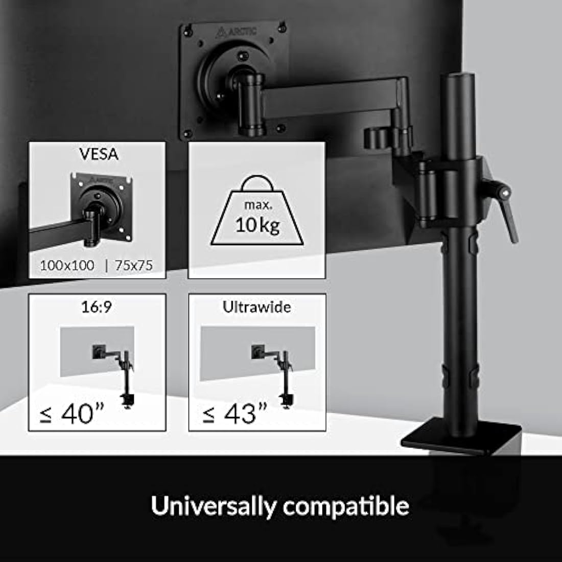 ARCTIC X1 - Monitor arm for one monitor, Monitor stand for up to 40"/43" Ultrawide, up to 10 kg/22 Ibs, Tiltable, Swivelable, Height adjustable, VESA 75x75/100x100 - Black