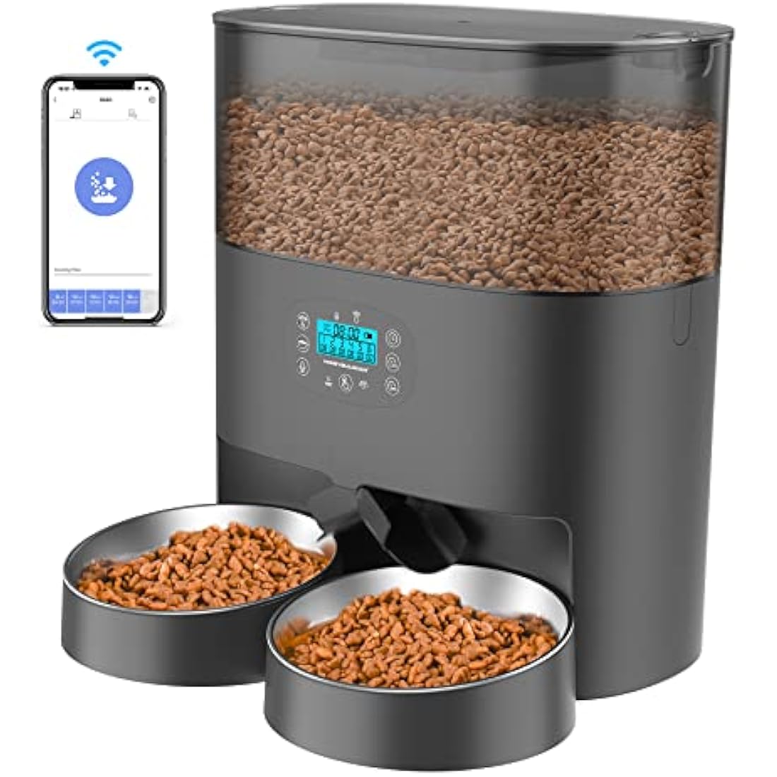 HoneyGuaridan Automatic Cat Feeder 2 Bowls, 6 L Automatic Feeder for Cats with Timer, Splitter and 2 Stainless Steel Bowls, 1-6 Meals a Day & 10s Voice Message - for Small/Medium Pets