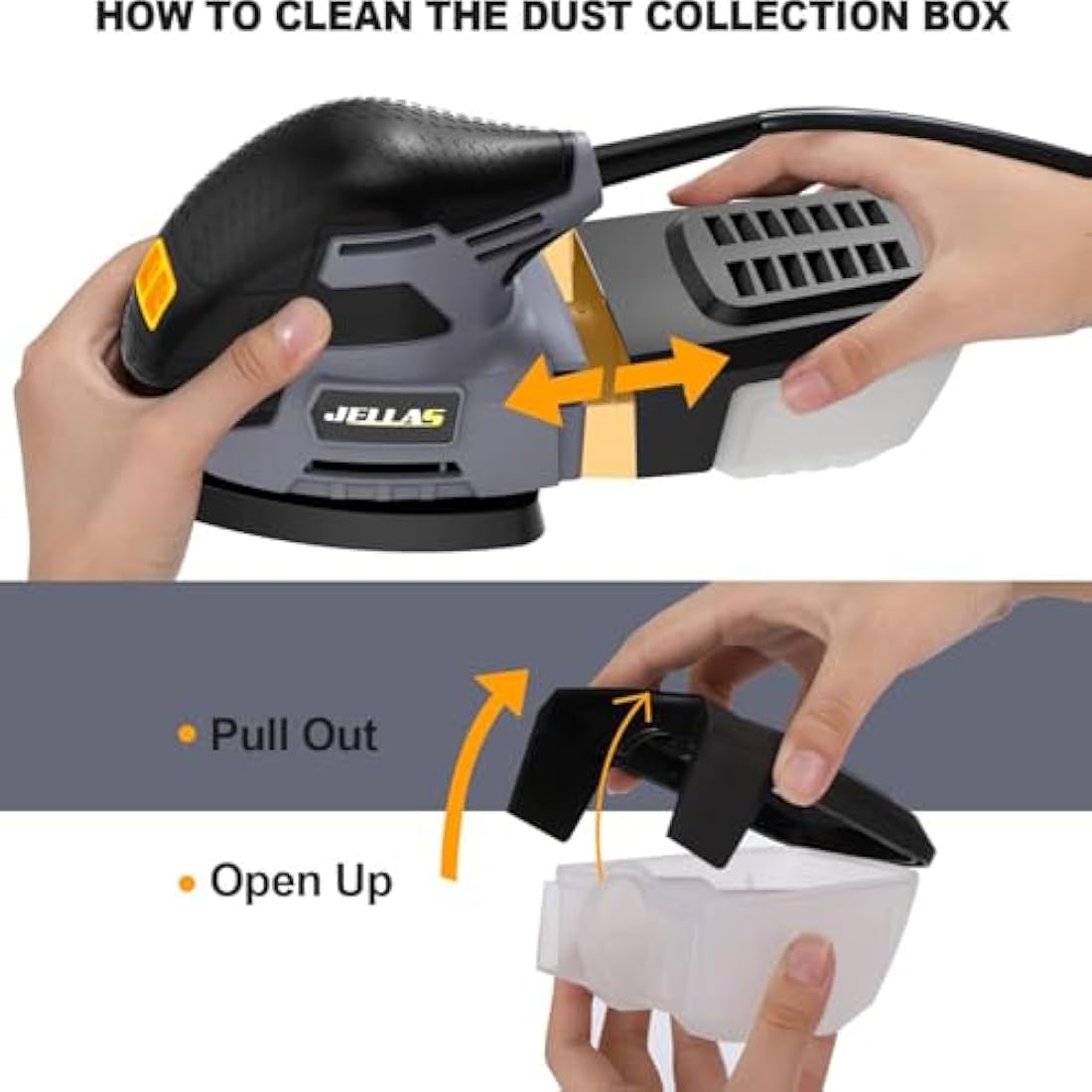 JELLAS Detail Mouse Sander, 220W Compact Sander Machine for Wood, 13,000 RPM Sanders with Dust Collection, 12PCS Standard Sandpapers, 4 Finger Attachment and Sanding Pad Included, JD2442