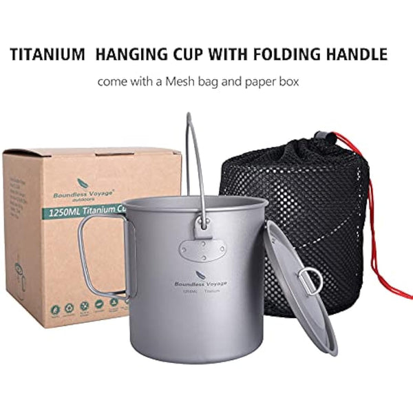iBasingo 1250ml Titanium Mug Camping Cup Tea Coffee Water Pot with Lid Ultralight Outdoor Travel Tableware with Foldable Handle Picnic Backpacking Trekking Portable Drinkware Survival Gear Ti3042D