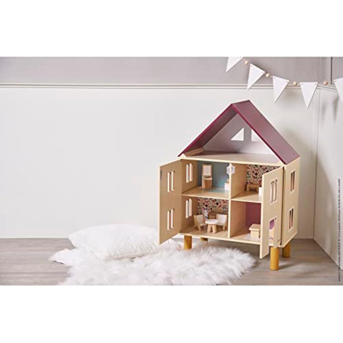 Janod - Twist Wooden Dollhouse - 11 Wood Accessories - Doll Furniture - Magnetic Doors - FSC Wooden Toy - 3 Years +, J06617