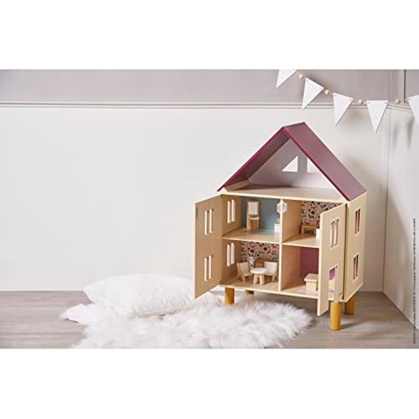 Janod - Twist Wooden Dollhouse - 11 Wood Accessories - Doll Furniture - Magnetic Doors - FSC Wooden Toy - 3 Years +, J06617