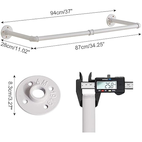 IBUYKE 94 cm Wall Mounted Coat Rack Industrial Design Wall Mount Removable Clothes Rack Space-Saving, Holds up to 50 kg, Two Bases, White TYJ001W-2