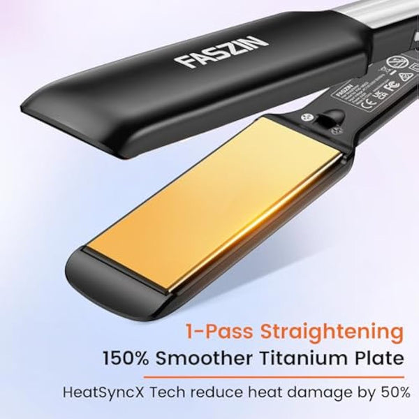 Faszin Professional Hair Straighteners, 42mm Wide-Plate Titanium Negative Ion Flat Iron, 30s Rapid Heating, Real-time Temperature Display, 11 Adjustable Temperature Levels (130-230℃)-Black