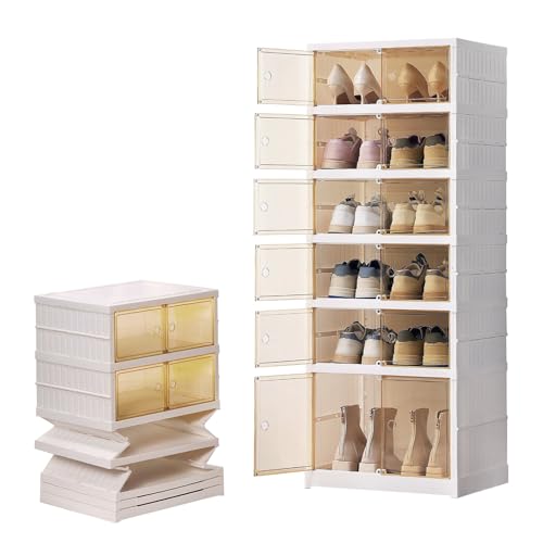 6PCS Shoe Storage Box White Shoe Storage Cabinet Plastic Shoe Boxe Shoe Racks Storage for Sneaker Boot Container Shoe Rack Cabinet Clear Foldable with