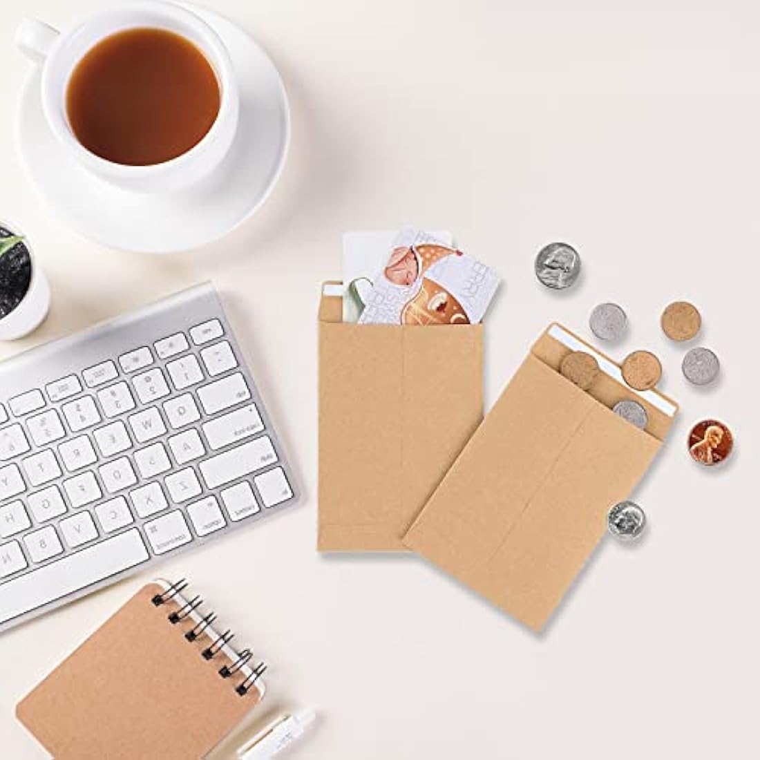 100Pcs Small Brown Envelopes, Self-Adhesive Seed Envelopes Seed Packets Kraft Paper Coin Envelopes Money Envelopes for Wages, Seeds, Coins, Beads or Stamps(10x6cm/3.9x2.4inch)