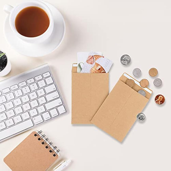 100Pcs Small Brown Envelopes, Self-Adhesive Seed Envelopes Seed Packets Kraft Paper Coin Envelopes Money Envelopes for Wages, Seeds, Coins, Beads or Stamps(10x6cm/3.9x2.4inch)