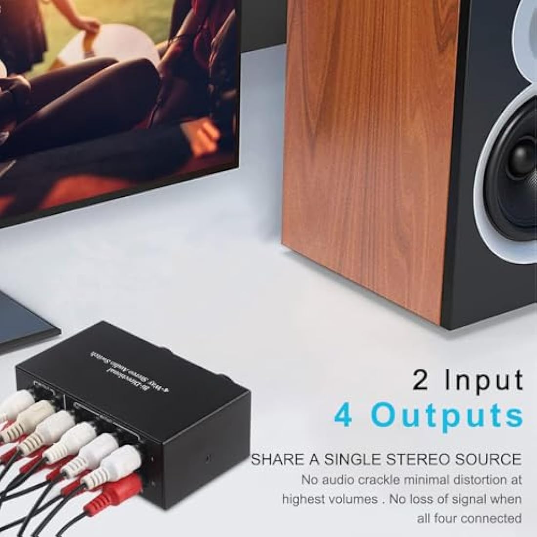 UNSTINCER RCA L/R Audio Switch 4(2) in-2(4) out, Bidirectional Noiseless hifi Stereo Audio Splitter Box, Analogue Aux Line Selector for Headphone Game Console Soundbar TV Speaker Turntalbe, Metal