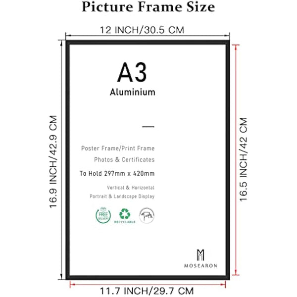 A3 Certificate Picture Frame,3 Pack Black Aluminum Photo Frame with plexiglass for Wall Mount Display,29.7x42 cm,Set of 3