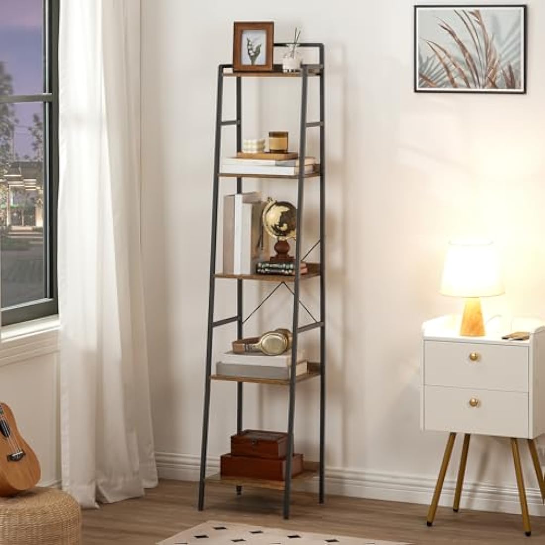 HOOBRO Ladder Shelf, Tall Narrow Bookcase, 5-Tier Book Shelf with Metal Frame, Tall Storage Shelf, Industrial Storage Unit for Home Office, Living Room, Bedroom, Rustic Brown and Black EBF35SJ01