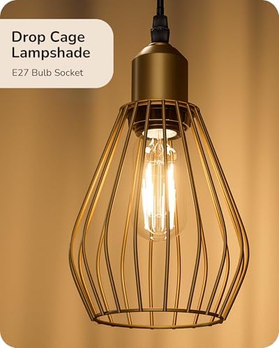 EDISHINE Industrial Floor Lamp, Dimmable Standing Lamp with Wire Cage Lampshade, Floor Lamps for Living Room, Bedroom, E27 Sockets, 3 LED Bulbs Included, Gold Metal