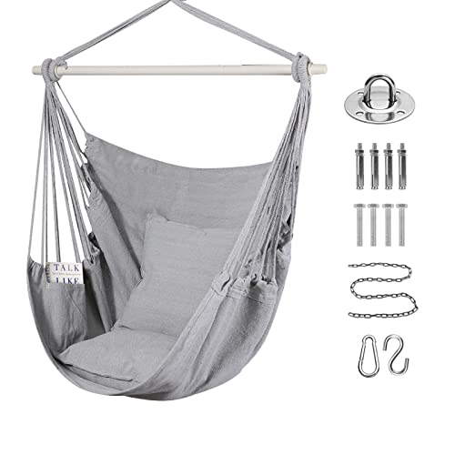 Goutime Hammock Chair Swing, 2 Seat Cushions/Pillows, Detachable Metal Support Bar, Carry Bag, Bedroom/Outdoor, 330 lbs max (Gray)