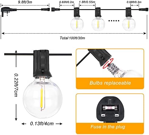DSLebeen Festoon Lights 100ft LED String Lights Mains Powered with 50+2 Plastic G40 Globe Bulbs 2700K Connectable Decorative Lighting Hanging for Cafe, Party, Wedding, Holiday